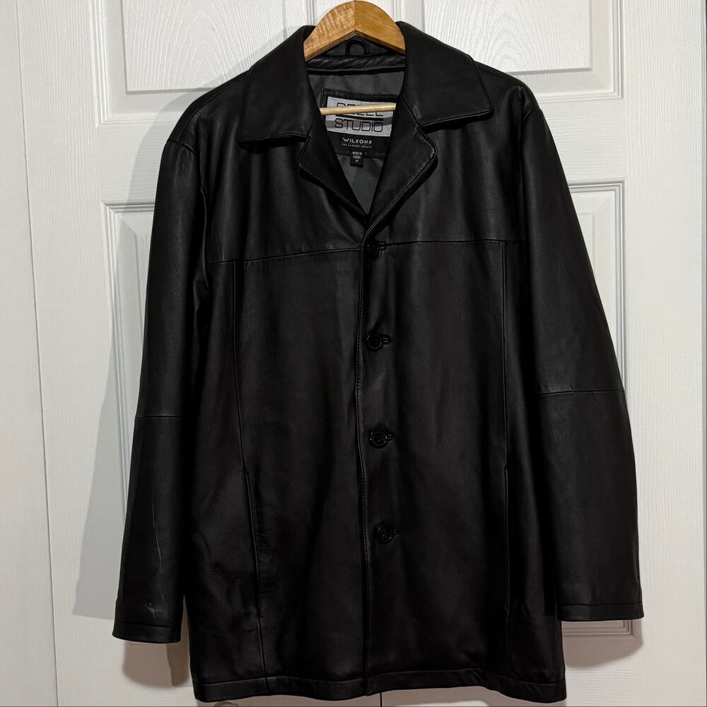 Pelle Studio Wilsons Men's M Black Leather Car Coat Button Front Jacket